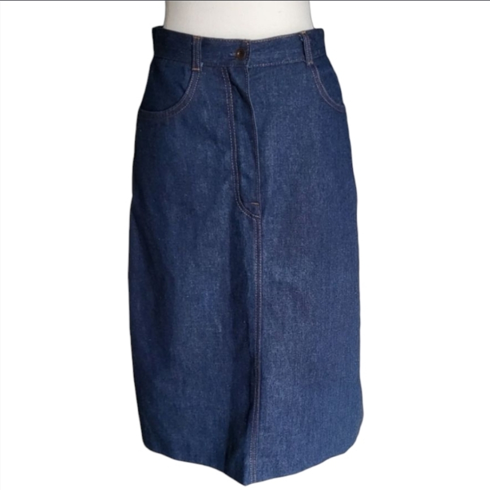 Vintage RSC 70s Union Made Dark Wash Denim Skirt Yellow Stitch Size 28 Waist